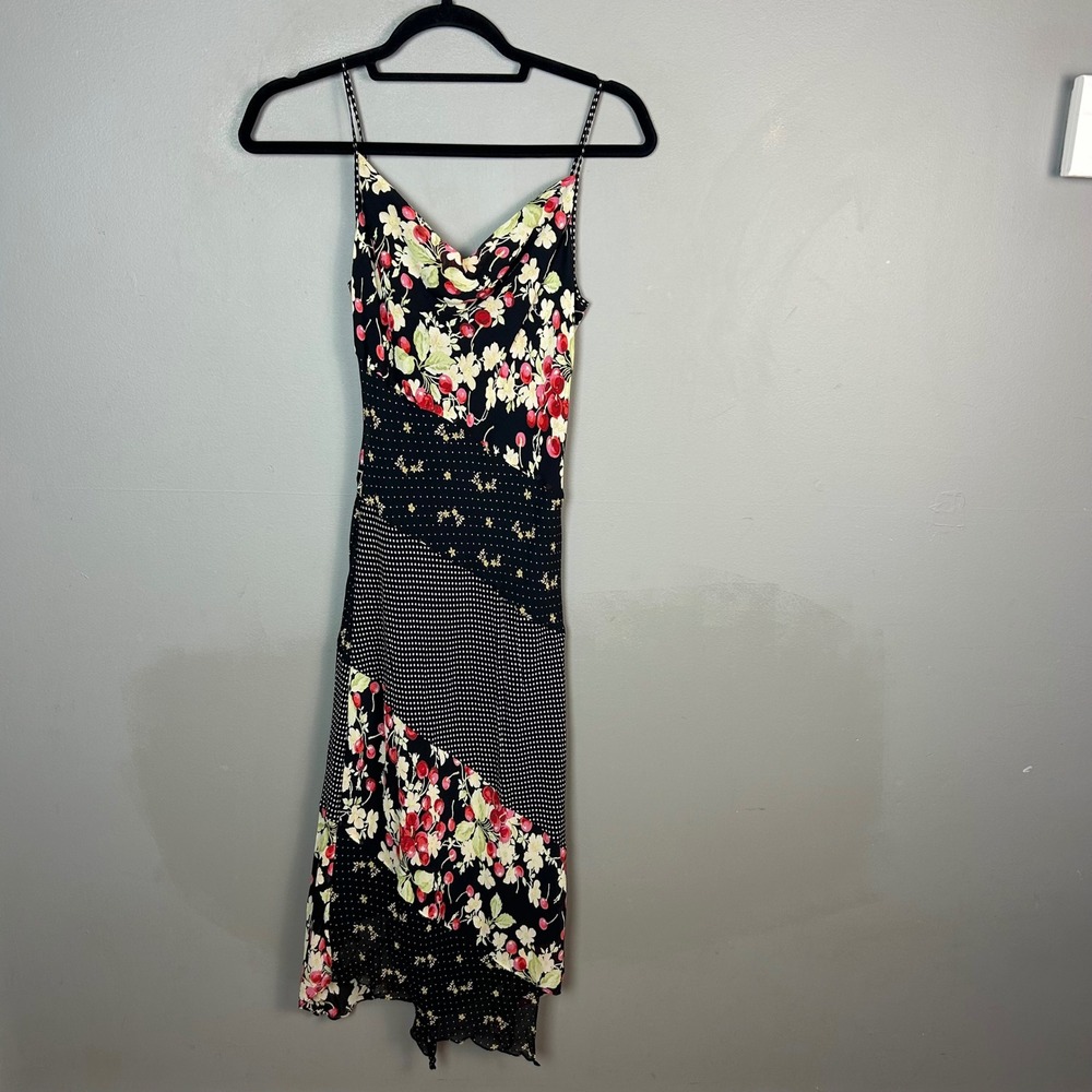 90s Slip Dress Cherries Floral Size 1/2 XS Express Silk Patchwork Retro - Picture 5 of 12
